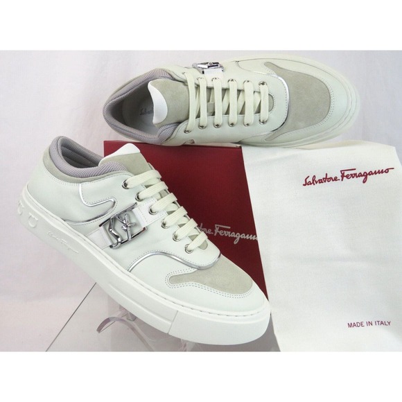 $795 FERRAGAMO NORIS WHITE LEATHER BEIGE SUEDE SF LOGO SNEAKERS 10.5 M ITALY main image 11